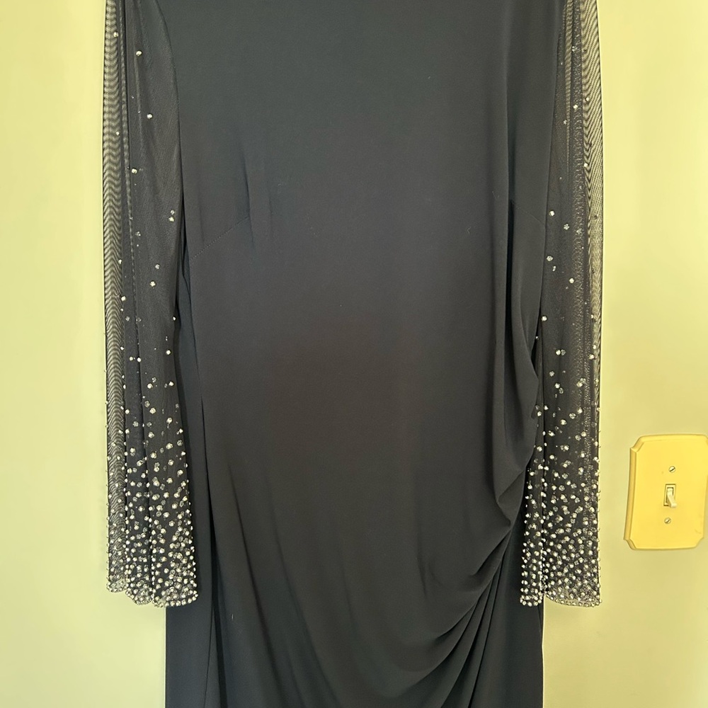 Cachet Navy Dress with Pearl-Embellished Sleeves